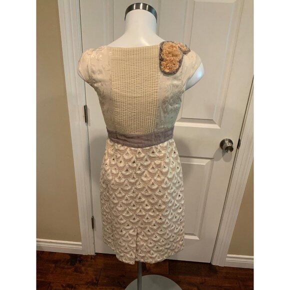 Floreat Anthropologie Cream & Tan Ruffle Embroidered Sleeveless Dress Size 0 - Picture 7 of 8